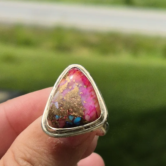 925 Silver Pink Cotton Candy Cooper Turqouis Artisanal Handmade Ring - Picture 2 of 11